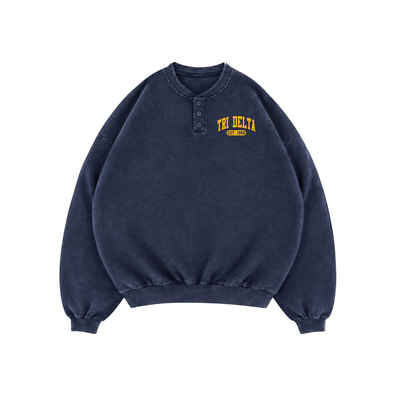 Maryland Tri Delta Embroidered Heavyweight Washed Navy Henley Crewneck