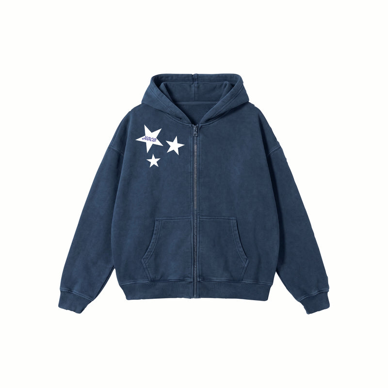 Indiana AXID Heavyweight Applique Embroidered Washed Denim Blue Zip Up