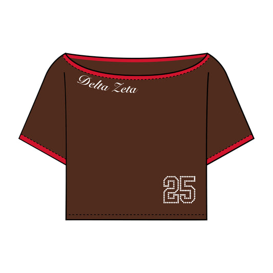 DELTA ZETA EMBROIDERED OFF SHOULDER TOP